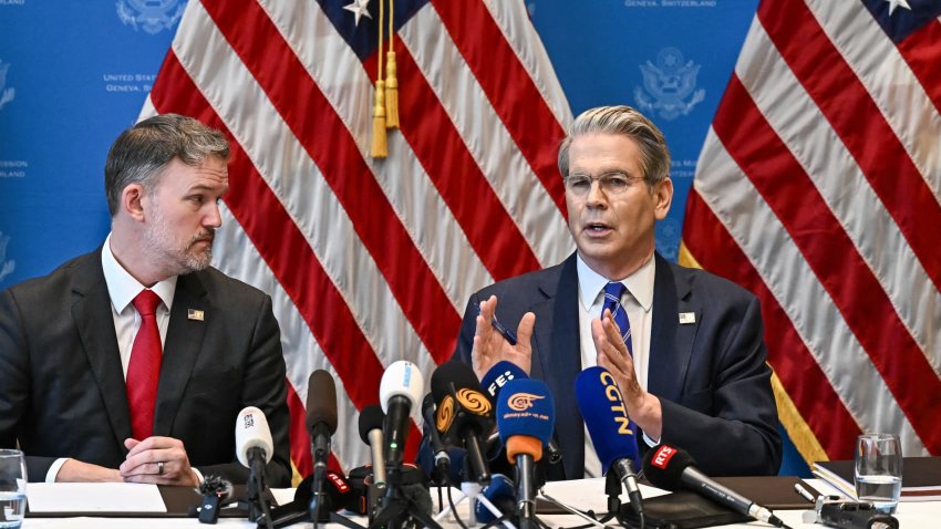 U.S. Treasury Secretary Scott Bessent (R) and U.S. Trade Representative Jamieson Greer hold a news conference in Geneva on May 12, 2025, to give details of “substantial progress” following a two-day closed-door meeting between U.S. and China top officials aimed at ending the tariff war.