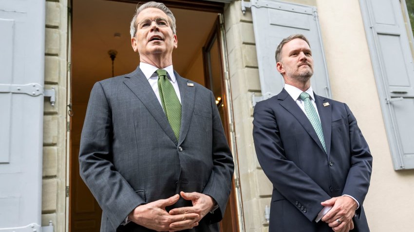 U.S. Secretary of the Treasury Scott Bessent and U.S. Trade Representative Jamieson Greer address the media after trade talks with China in Geneva, Switzerland, May 11, 2025.
