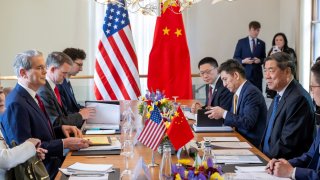 U.S. Secretary of the Treasury Scott Bessent, U.S. Trade Representative Jamieson Greer, China’s International Trade Representative and Vice Minister of Commerce Li Chenggang, and Chinese Vice Premier He Lifeng, prepare to discuss on the day of a bilateral meeting between the U.S. and China, in Geneva, Switzerland, on May 10, 2025.