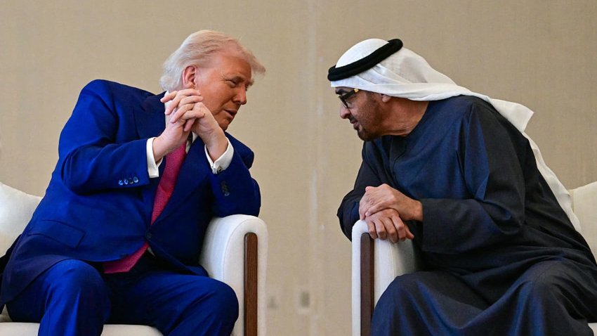 UAE President Sheikh Mohamed bin Zayed Al Nahyan (R) welcomes his US counterpart Donald Trump upon arrival at the presidential terminal in Abu Dhabi on May 15, 2025.