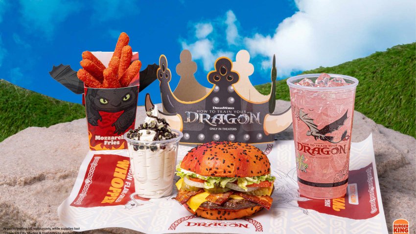 Burger King’s “How to Train Your Dragon” menu items include the Dragon Flame-Grilled Whopper, Fiery Dragon Mozzarella Fries, Soaring Strawberry Lemonade and the Viking’s Chocolate Sundae.