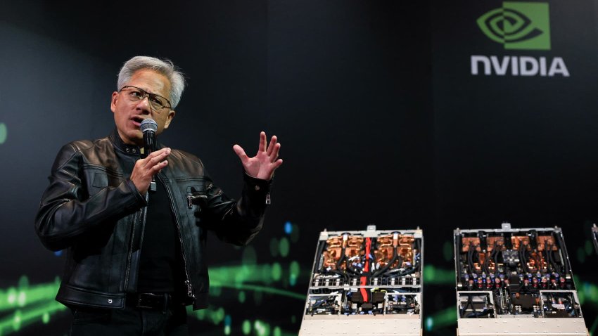 Jensen Huang, co-founder and CEO of Nvidia Corp., speaks during a news conference in Taipei on May 21, 2025.