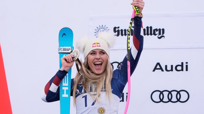 Second place finisher United States’ Lindsey Vonn celebrates during a medal ceremony for women’s super-G at the World Cup Finals, Sunday, March 23, 2025, in Sun Valley, Idaho.