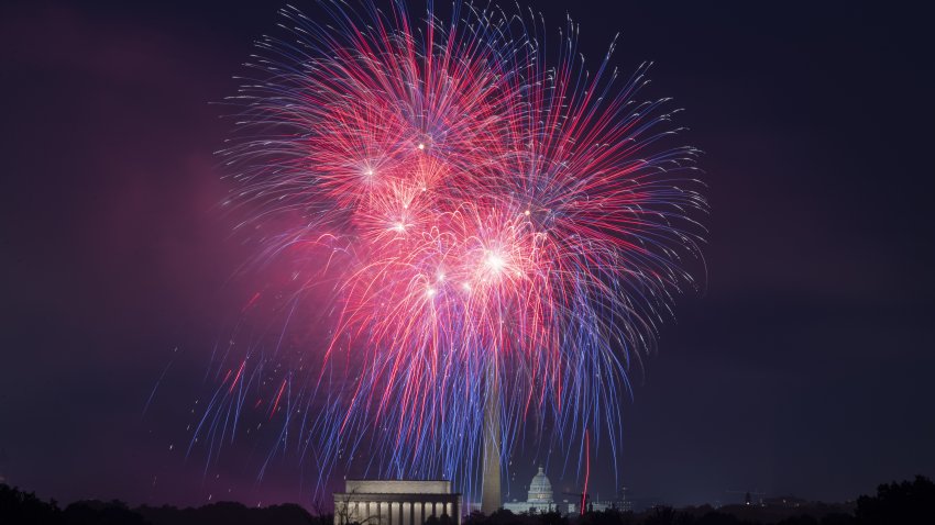 Fireworks above the Lincoln Memorial, Washington Monument and the U.S. Capitol building during the Independence Day fireworks display in Arlington, Virginia, on July 4, 2024.
