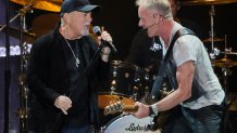 LAS VEGAS, NEVADA - NOVEMBER 09: (EDITORIAL USE ONLY) Billy Joel (L) and Sting perform at Allegiant Stadium on November 09, 2024 in Las Vegas, Nevada. (Photo by Ethan Miller/Getty Images)