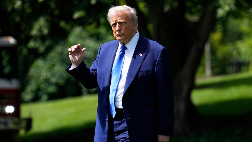 President Donald Trump walks across the South Lawn of the White House to board Marine One en route to Joint Base Andrews, Md., to begin a trip to the Middle East, Monday, May 12, 2025, in Washington.
