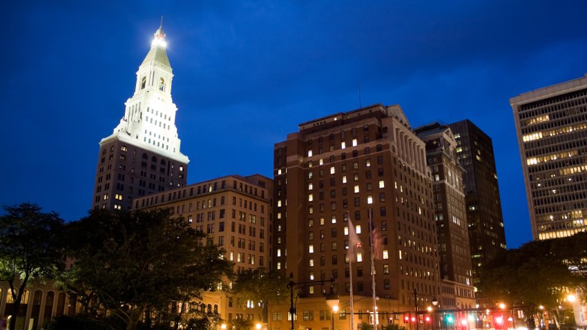 Downtown Hartford Connecticut during the evening hours.  This is the capital city of the state.