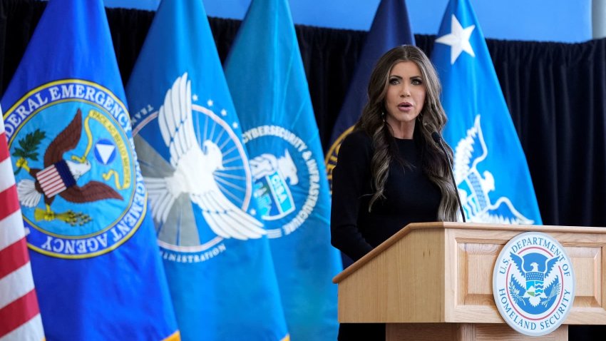 Homeland Security Secretary Kristi Noem speaks to employees at the Department of Homeland Security, Tuesday, Jan. 28, 2025, in Washington, U.S. 
