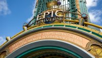 The entrance portal welcomes guests into Orlando’s newest theme park during a preview day for Universal Epic Universe on April 5.