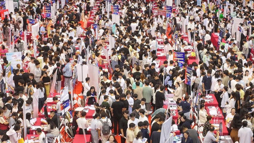 College graduates of the class of 2025 seek jobs at a special job fair for the new food and biomedicine industries in Huai ‘an City, Jiangsu Province, China, on June 8, 2025.