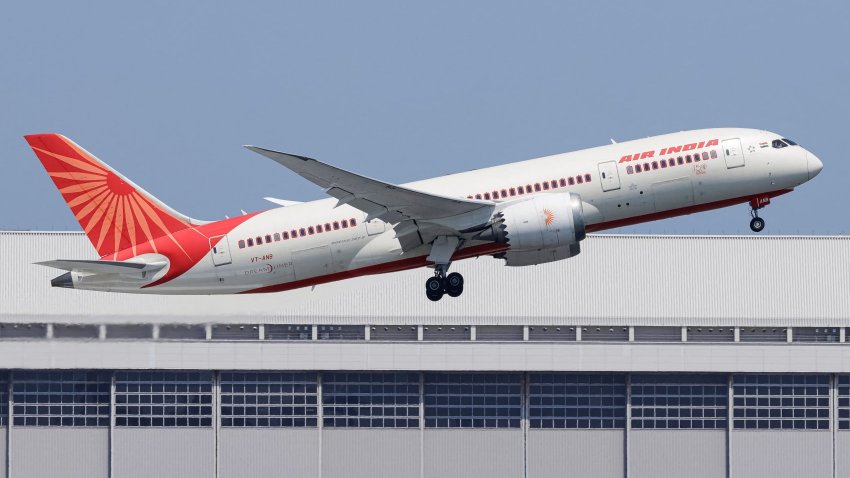 Air India Boeing 787 Dreamliner aircraft with registration letters VT-ANB flies over Tokyo, Japan, April 27, 2025 in this picture obtained from social media.