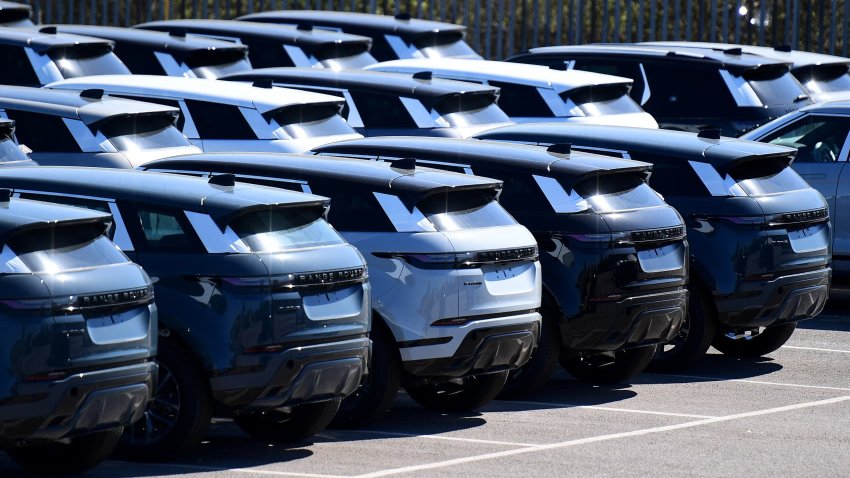 General view of Land Rover cars outside the Jaguar Land Rover factory on April 7, 2025 in Halewood, England.