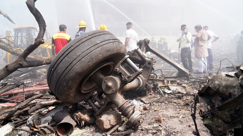 Aircraft landing gear at the crash site of Air India Ltd. flight AI171 in Ahmedabad, Gujarat, India, on Thursday, June 12, 2025. An Air India Boeing 787 Dreamliner traveling from Ahmedabad to London’s Gatwick airport crashed shortly after taking off, in what stands to be the most serious accident involving the US planemaker’s most advanced widebody airliner.
