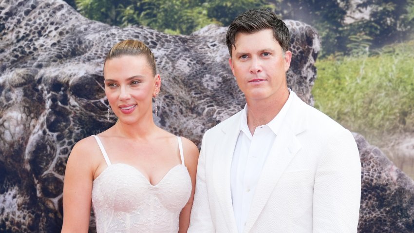 Scarlett Johansson, Colin Jost at the “Jurassic World Rebirth” New York premiere held at Hearst Plaza at Lincoln Center on June 23, 2025 in New York, New York.