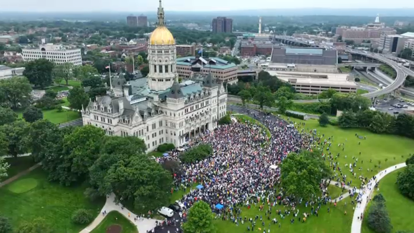 Drone video captures the “No Kings” protest at the state capitol.