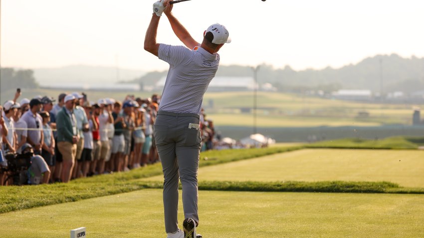 Jun 12, 2025; Oakmont, Pennsylvania, USA; Justin Rose plays his shot from the tenth tee during the first round of the U.S. Open golf tournament. Mandatory Credit: Bill Streicher-Imagn Images