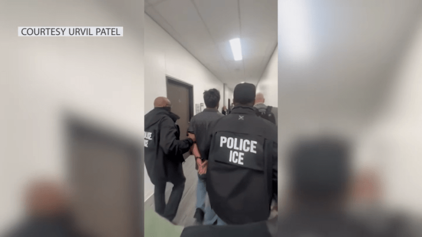 A screenshot from a video shared with NBC 7 showing a man being detained by ICE at the federal courthouse in San Diego on June 12, 2025.