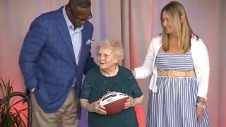 Barbara Costas, a founder of the Enfield Food Shelf in Connecticut, being honored at a Patriots Foundation award gala at Gillette Stadium on Tuesday, June 3, 2025.