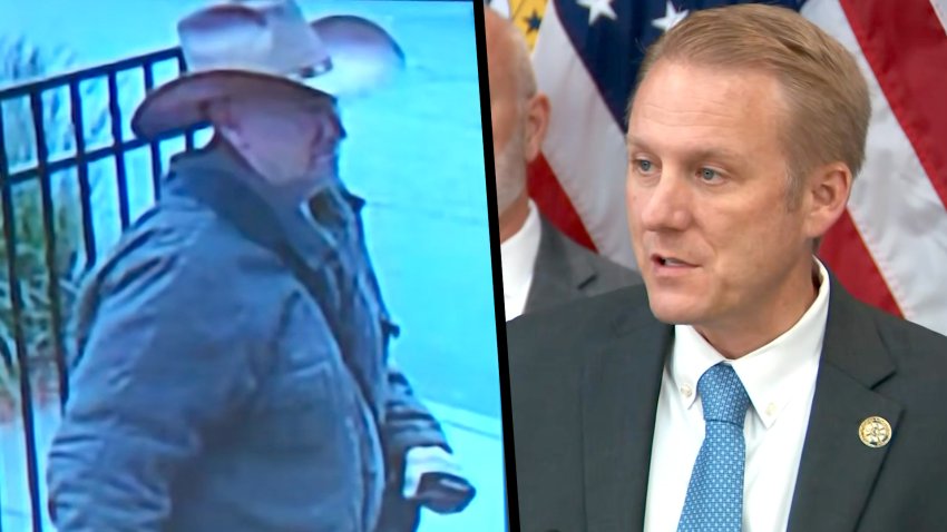 Split screen with suspected gunman on left and law enforcement on right