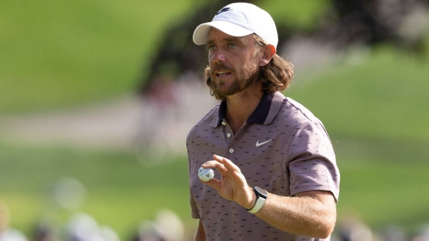 Jun 21, 2025; Cromwell, Connecticut, USA; Tommy Fleetwood reacts to his birdie on the 15th hole during the third round of the Travelers Championship golf tournament.