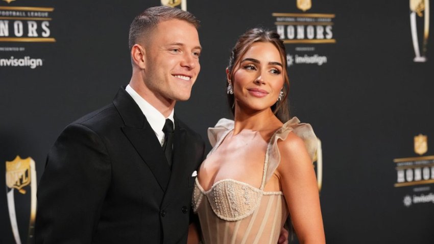PHOENIX, AZ – FEBRUARY 09: Christian McCaffrey and Olivia Culpo pose for a photo on the red carpet during NFL Honors at the Symphony Hall on February 9, 2023 in Phoenix, Arizona. (Photo by Cooper Neill/Getty Images)