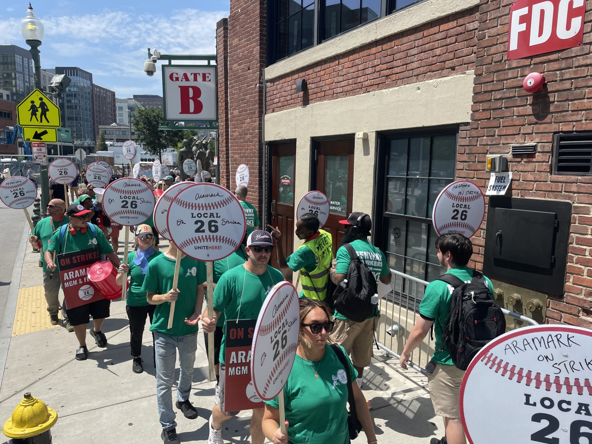 UNITE HERE Local 26 concession workers outside Fenway Park at the start of their strike on Friday, July 25, 2025.
