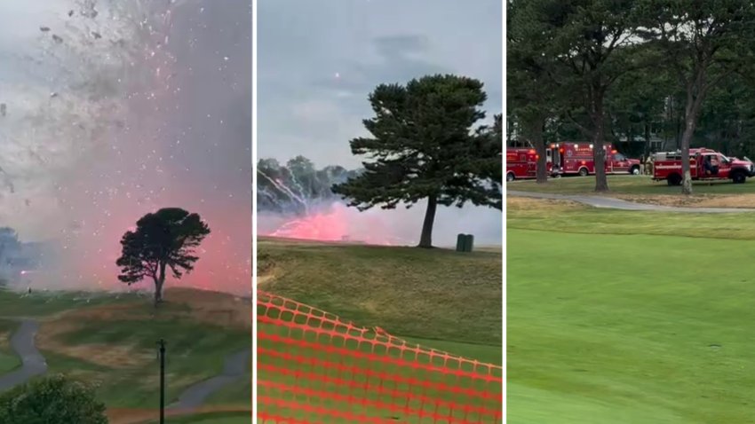 Two images at left show fireworks explode low to the ground at a golf course in Mashpee, Massachusetts, on Wednesday, July 2, 2025. At right, ambulances can be seen nearby in the aftermath.