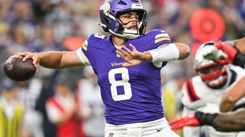 Aug 16, 2025; Minneapolis, Minnesota, USA; Minnesota Vikings quarterback Sam Howell (8) throws a pass against the New England Patriots during the first quarter at U.S. Bank Stadium. Mandatory Credit: Jeffrey Becker-Imagn Images