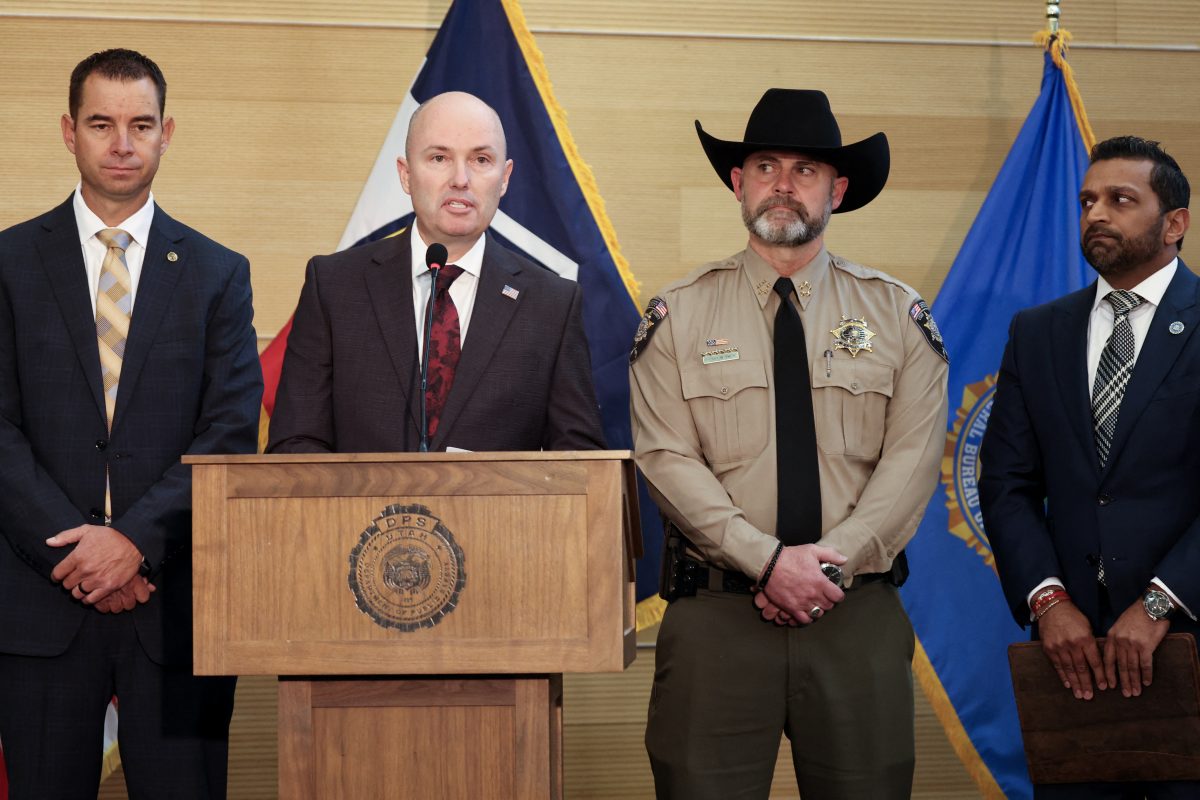 Utah Department of Public Safety Beau Mason, Utah Governor Spencer Cox, Sheriff Mike Smith and FBI director Kash Patel attend a press conference outside the Doterra Auditorium at Utah Valley University a day after youth activist and influencer Charlie Kirk was shot during a public event in Orem, Utah, on September 12, 2025.