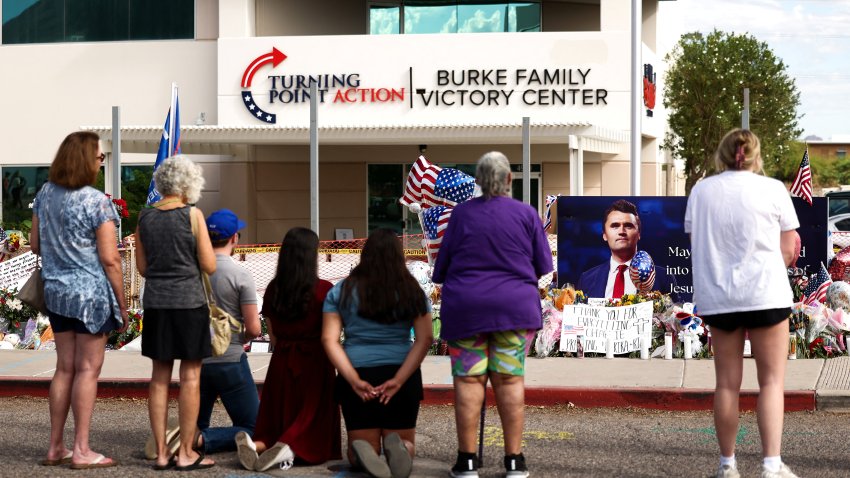 People mourn Charlie Kirk&#039;s death outside of the Turning Point USA headquarters on September 12, 2025 in Phoenix.