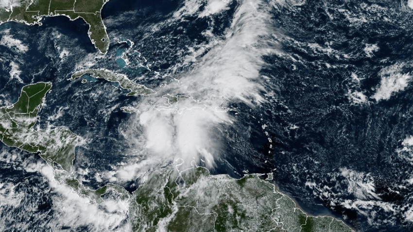 A satellite image of Tropical Storm Melissa on Oct. 24, 2025.