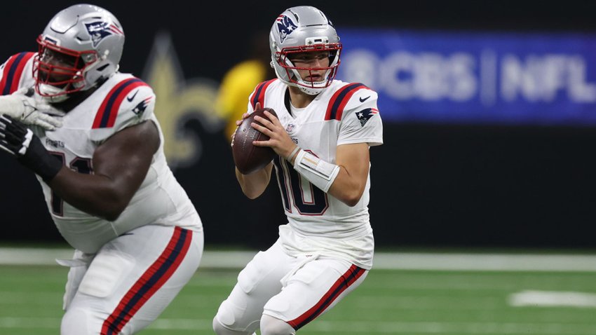 Oct 12, 2025; New Orleans, Louisiana, USA; New England Patriots quarterback Drake Maye (10) throws downfield during the second quarter against the New Orleans Saints at Caesars Superdome. Mandatory Credit: Stephen Lew-Imagn Images