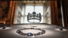 This photograph shows the set of jewelry of Queen Marie-Amelie and Queen Hortense displayed at the Louvre.