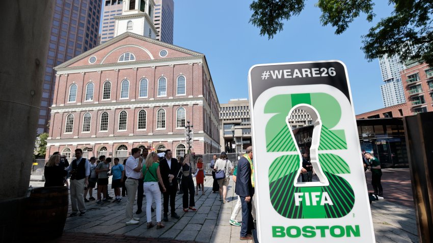 Boston, MA – June 11: The World Cup 2026 Countdown Clock is placed next to Faneuil Hall on June 11, 2025. (Photo by Pat Greenhouse/The Boston Globe via Getty Images)