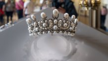The Empress Eugénie&#039;s crown is exhibited at the Louvre Museum on April 27, 2025 in Paris.