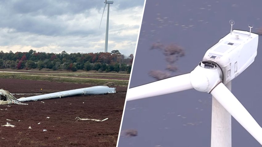 Parts of a broken wind turbine in Plymouth, Massachusetts.