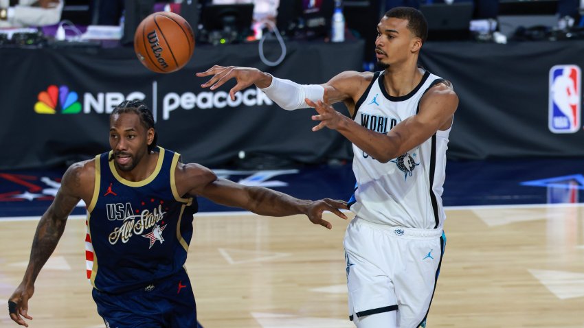 Victor Wembanyama and Kawhi Leonard at the All-Star Game.