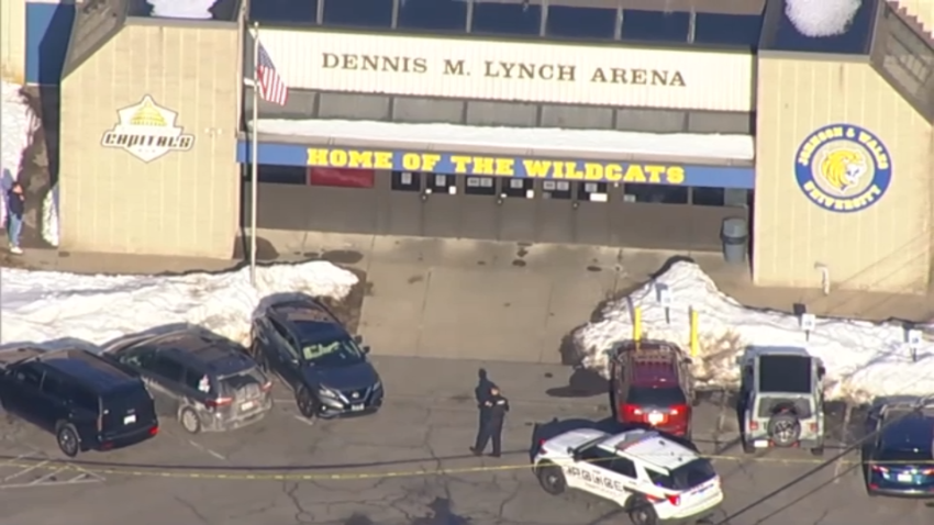 Police outside the Dennis M. Lynch Arena, a skating rink in Pawtucket, Rhode Island, on Monday, Feb. 16, 2026.