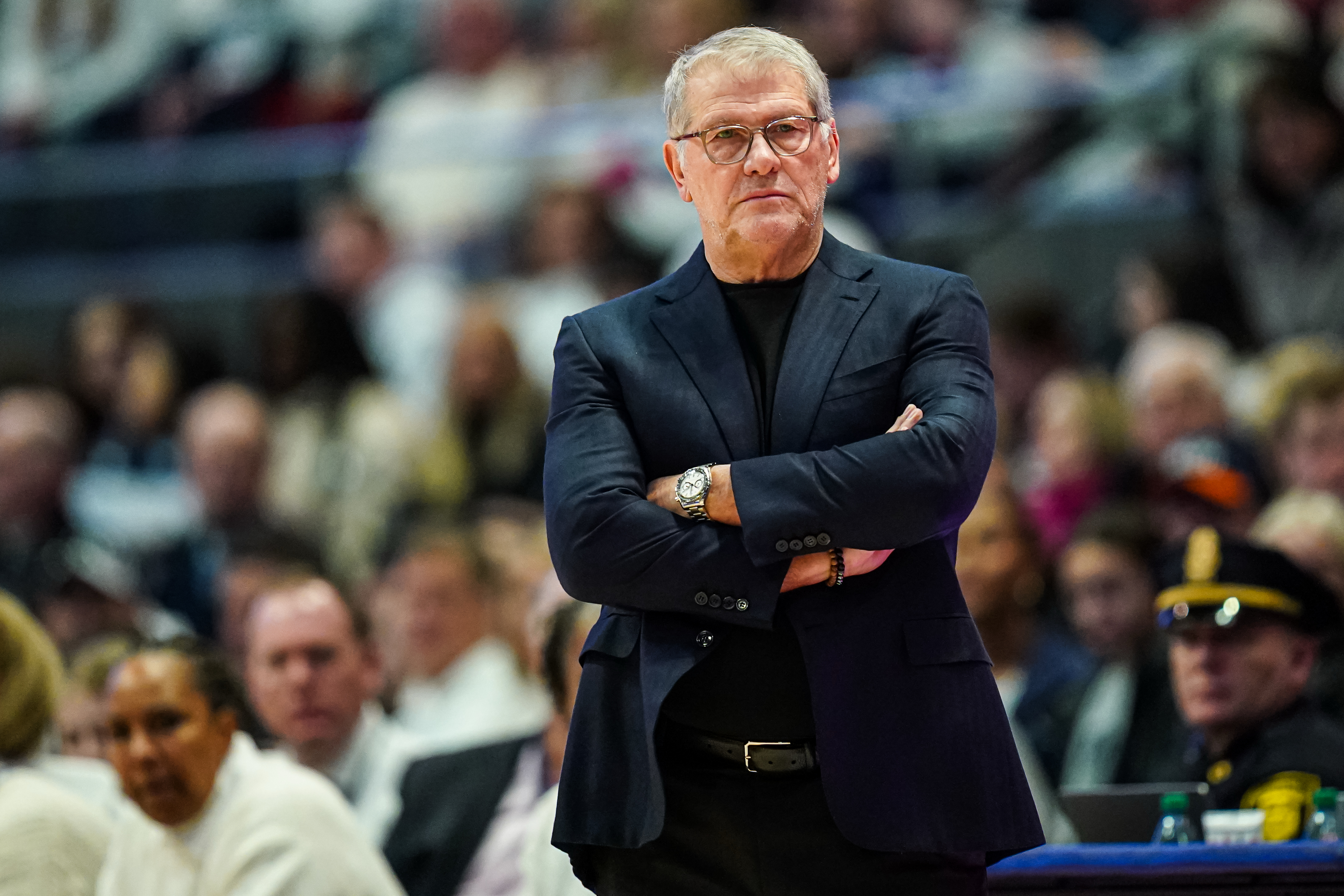 Feb 1, 2026; Hartford, Connecticut, USA; UConn Huskies head coach Geno Auriemma watches from the sideline as they take on the Tennessee Volunteers at PeoplesBank Arena.