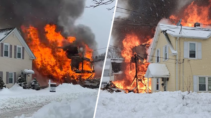 Two angles show a house engulfed in flames after an explosion in Taunton, Massachusetts, on Feb. 25, 2026.