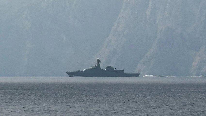 A navy vessel is seen sailing in the Strait of Hormuz.