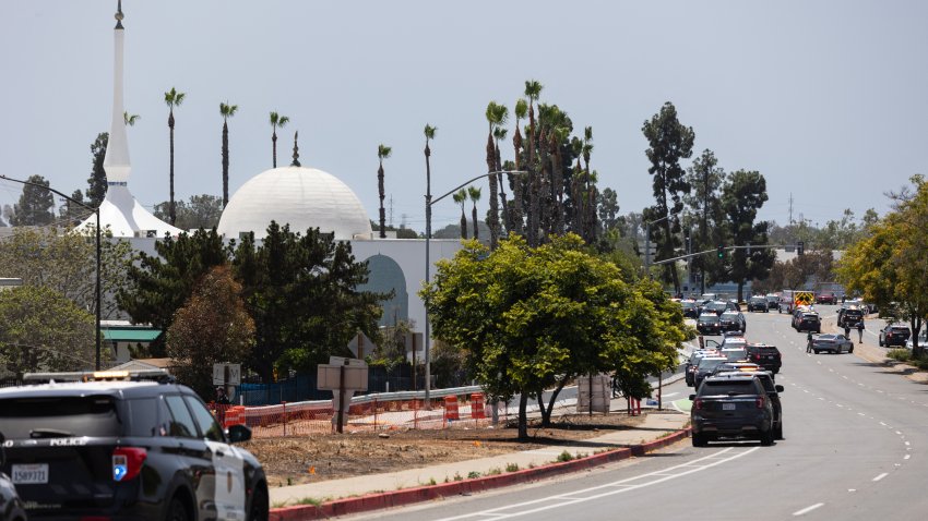 Police responding on May 18, 2026, to a shooting at the Islamic Center of San Diego in San Diego.