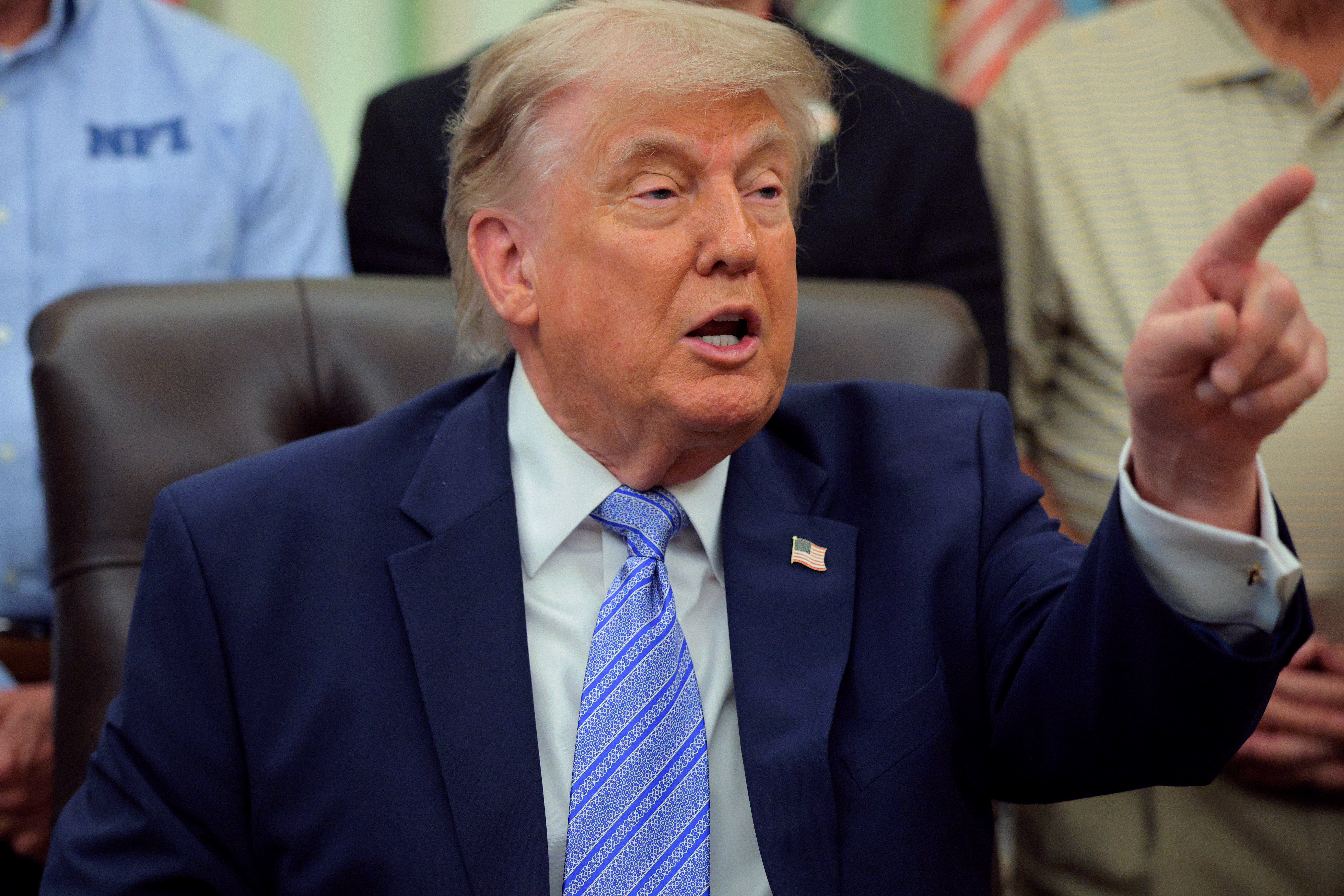 WASHINGTON, DC – MAY 21: U.S. President Donald Trump speaks during an event in the Oval Office of the White House on May 21, 2026 in Washington, DC. Trump announced an extension of Biden-era EPA deadlines for the phase-out of hydrofluorocarbons (HFCs) under the 2023 Technology Transitions Rule, claiming that phasing out deadlines and exempting road refrigeration equipment would lower grocery prices.