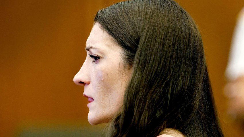 Defendant Lindsay Clancy fights back tears as the details of her children’s deaths are read in Plymouth Superior Court Monday, July 27, 2026, during. Clancy is charged with murder in the deaths of her three children, Cora, Dawson and Callan in their Duxbury home.