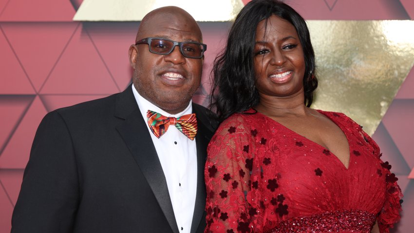 Former Kansas City Chiefs offensive coordinator Eric Bieniemy and wife Mia on the Red Carpet before the Super Bowl Championship Ring Ceremony on June 15, 2023 at Union Station in Kansas City, MO.  (Photo by Scott Winters/Icon Sportswire via Getty Images)