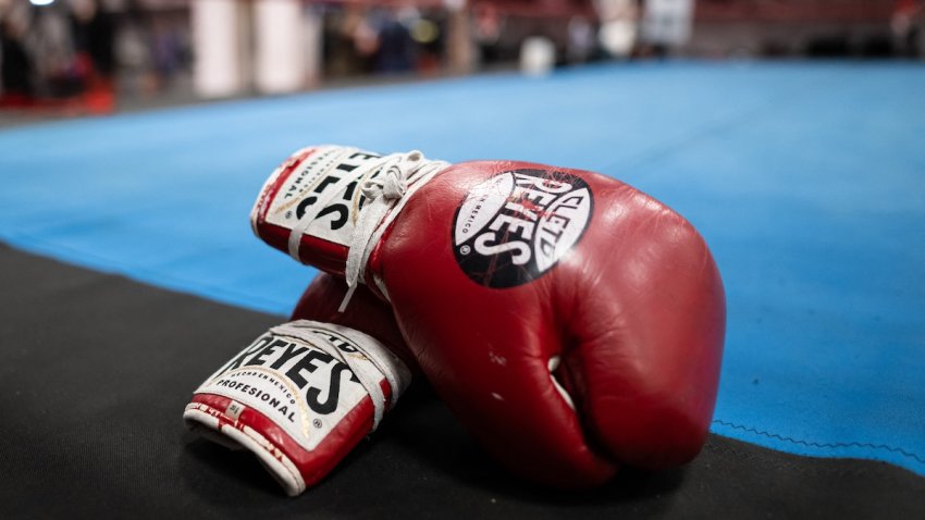 A pair of boxing gloves are seen at a sports and boxing hall in France on January 24, 2025.