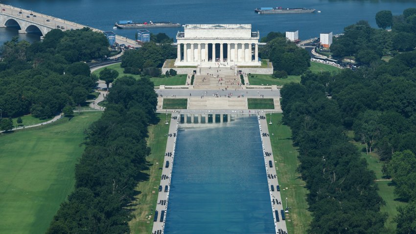 WASHINGTON, DC – JULY 03: The Lincoln Memorial reflecting pool along the National Mall on Tuesday, July 3, 2026 in Washington, D.C.Rushed work continues at the White House and across the nation’s capital in preparation for the country’s 250