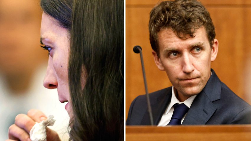 A split image showing Lindsay and Patrick Clancy, both evidently emotional, during her murder trial at Plymouth Superior Court in Plymouth, Massachusetts on Monday, July 27, 2026. Lindsay Clancy is charged with killing their three children, Cora, Dawson and Callan, in their Duxbury home.