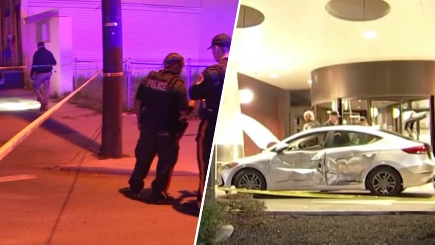 (At Left) Police investigate the scene along Locast Street in Trenton, New Jersey after, officials said, two people were killed in a mass shooting early Sunday. (At Right) A damaged vehicle is taped off by police in front of Capital Health Regional Medical Center in Trenton, New Jersey early Sunday.