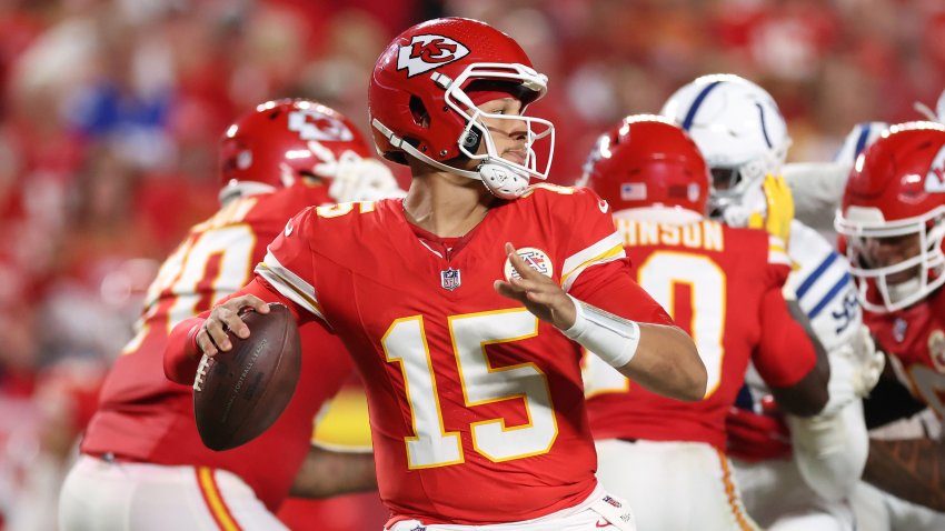 Patrick Mahomes #15 of the Kansas City Chiefs throws a pass.